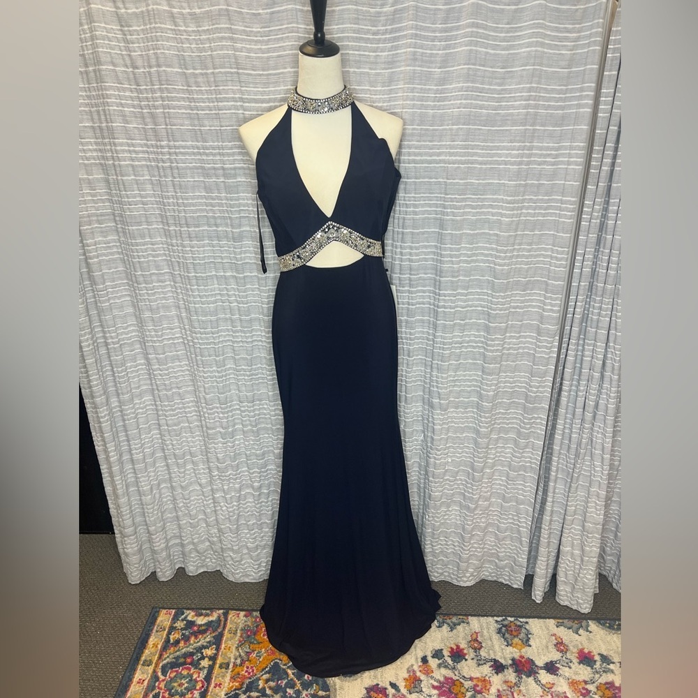 Rachel Allan Navy Backless Gown with Silver Accents